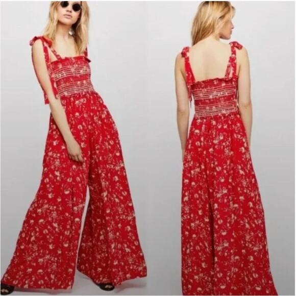Free People Color My World Smocked Red Floral Wide Leg Jumpsuit - Picture 1 of 5